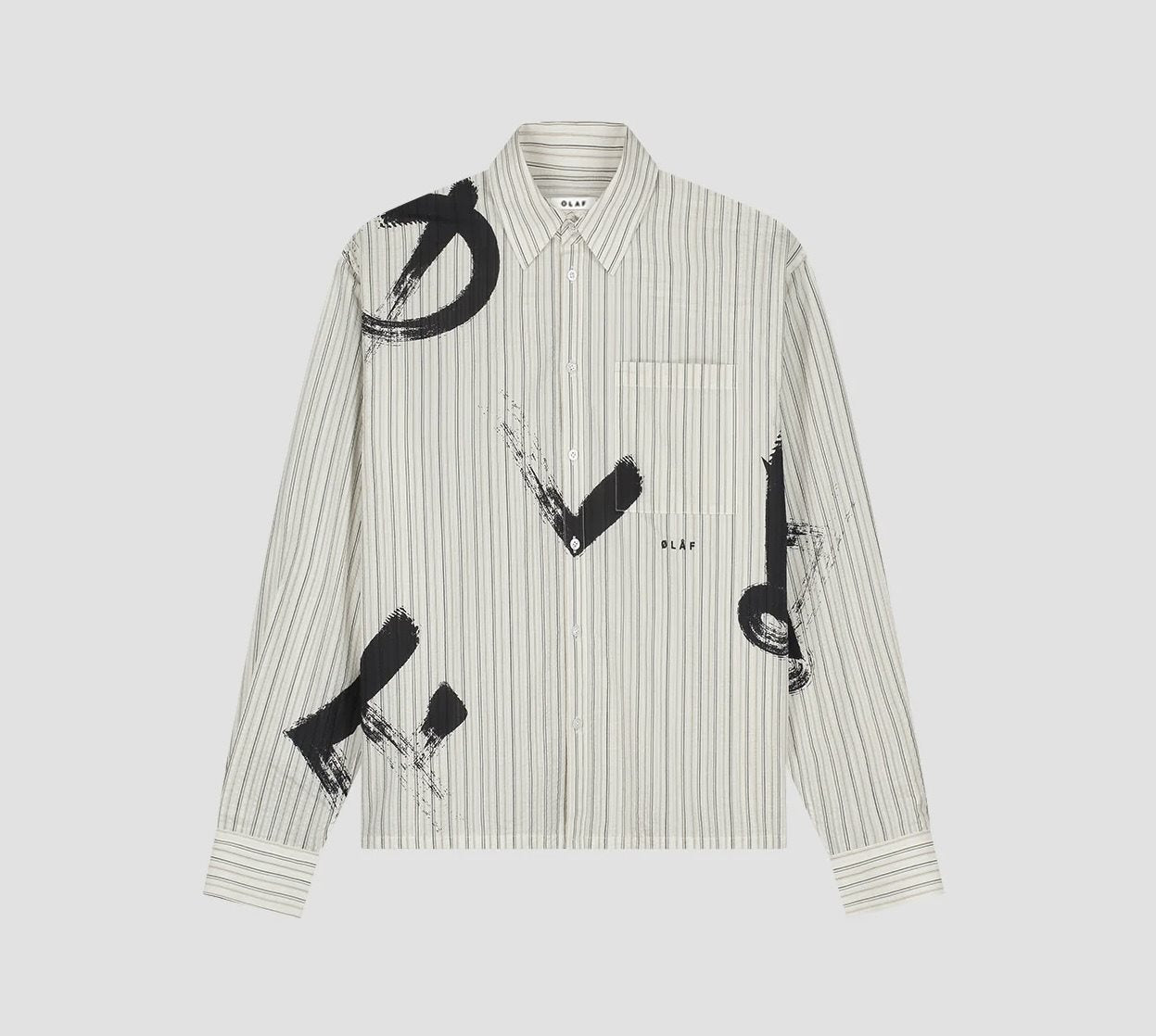 OLAF Brushstroke Logo Stripe Long Sleeve Shirt Charcoal White heren gestreept shirt met boxy fit