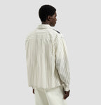 OLAF Brushstroke Logo Stripe Long Sleeve Shirt Charcoal White heren gestreept shirt met boxy fit