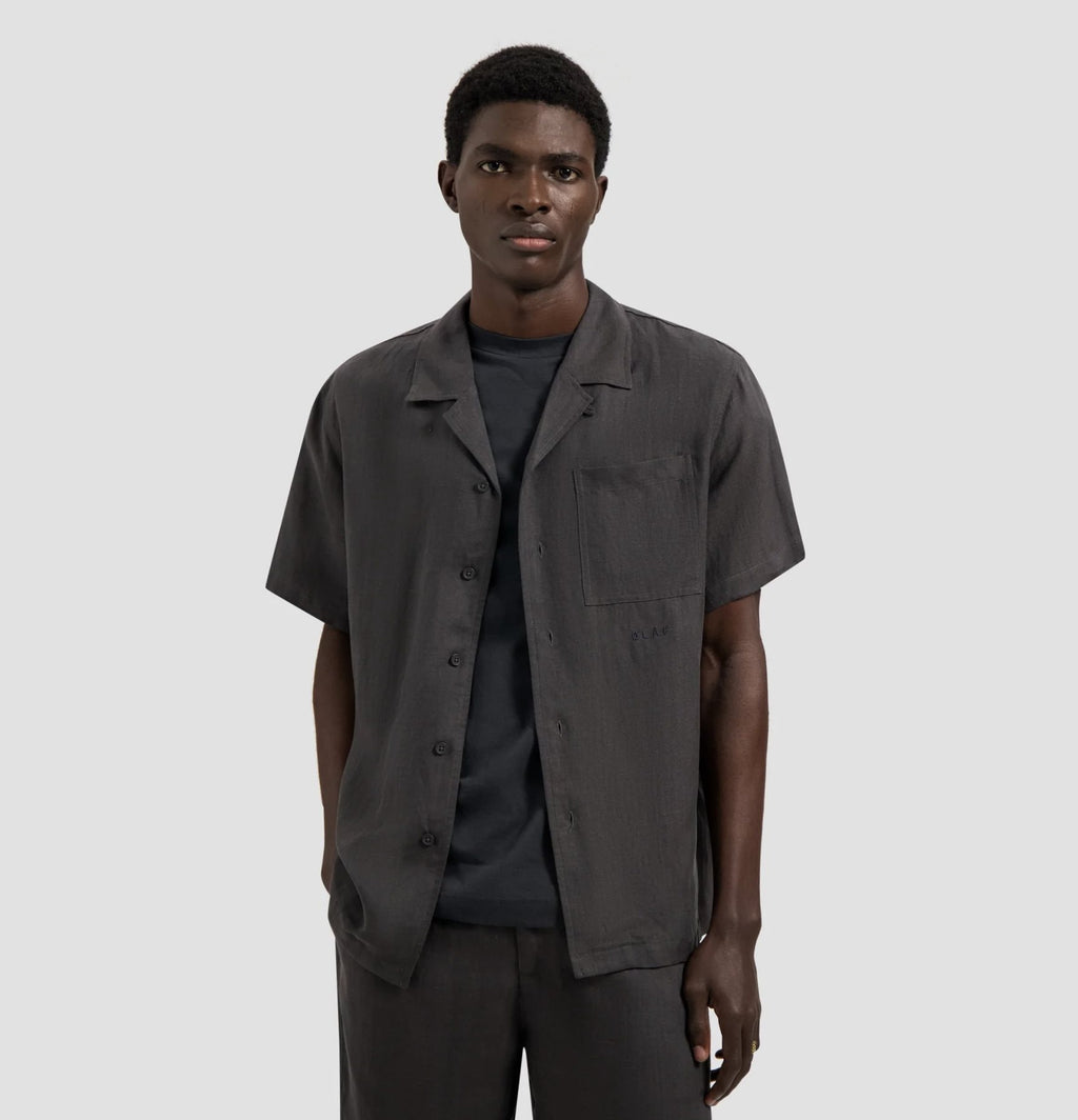 OLAF Linen Blend Short Sleeve Shirt Charcoal heren overhemd met korte mouwen van katoen-linnen